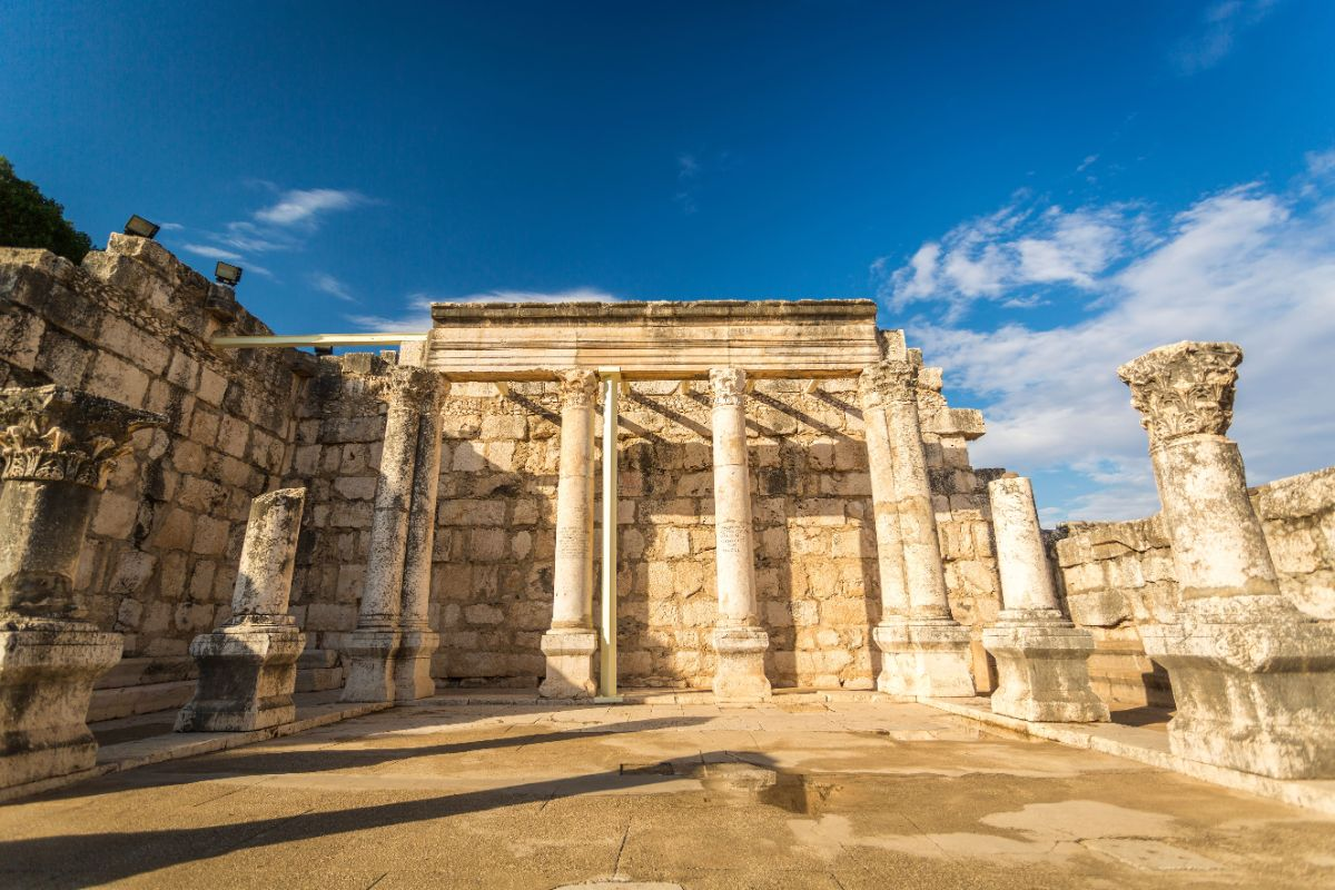 The limestone columns of the ancient synagogue at Capernaum