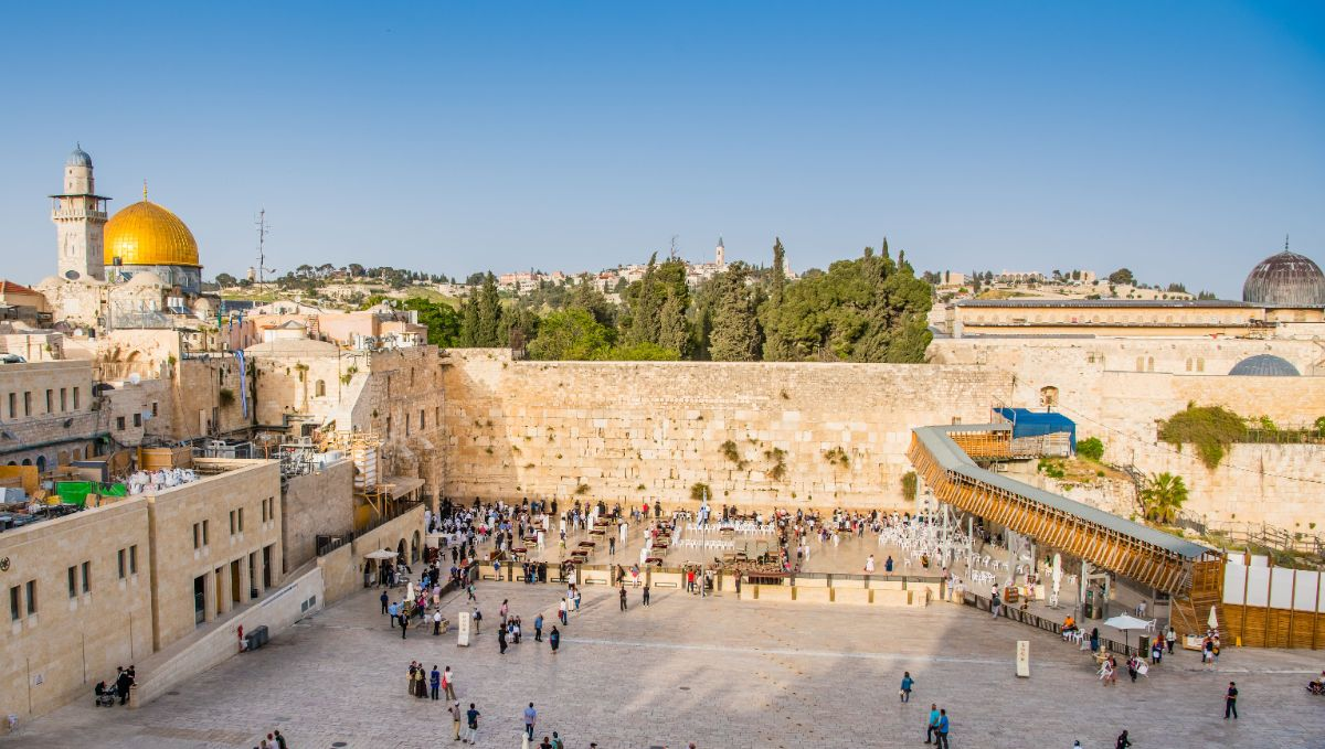 The Western Wall plaza in Jerusalem, with the Dome of the Rock behind