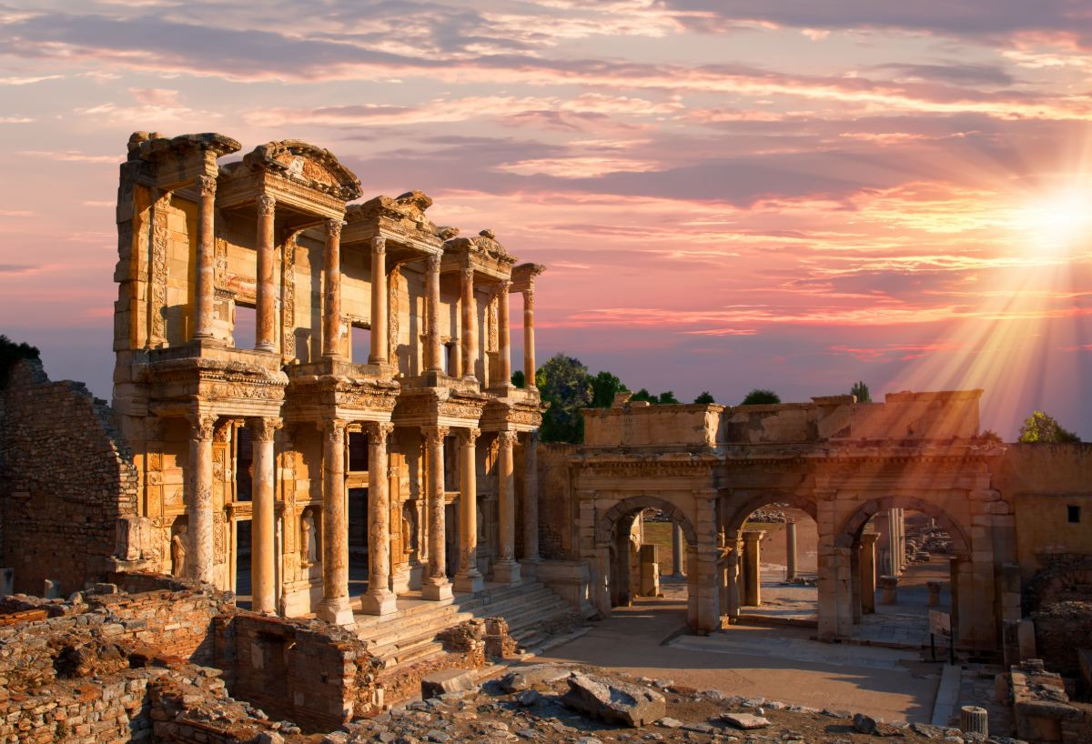 The Library of Celsus at Ephesus with the sun behind its columns